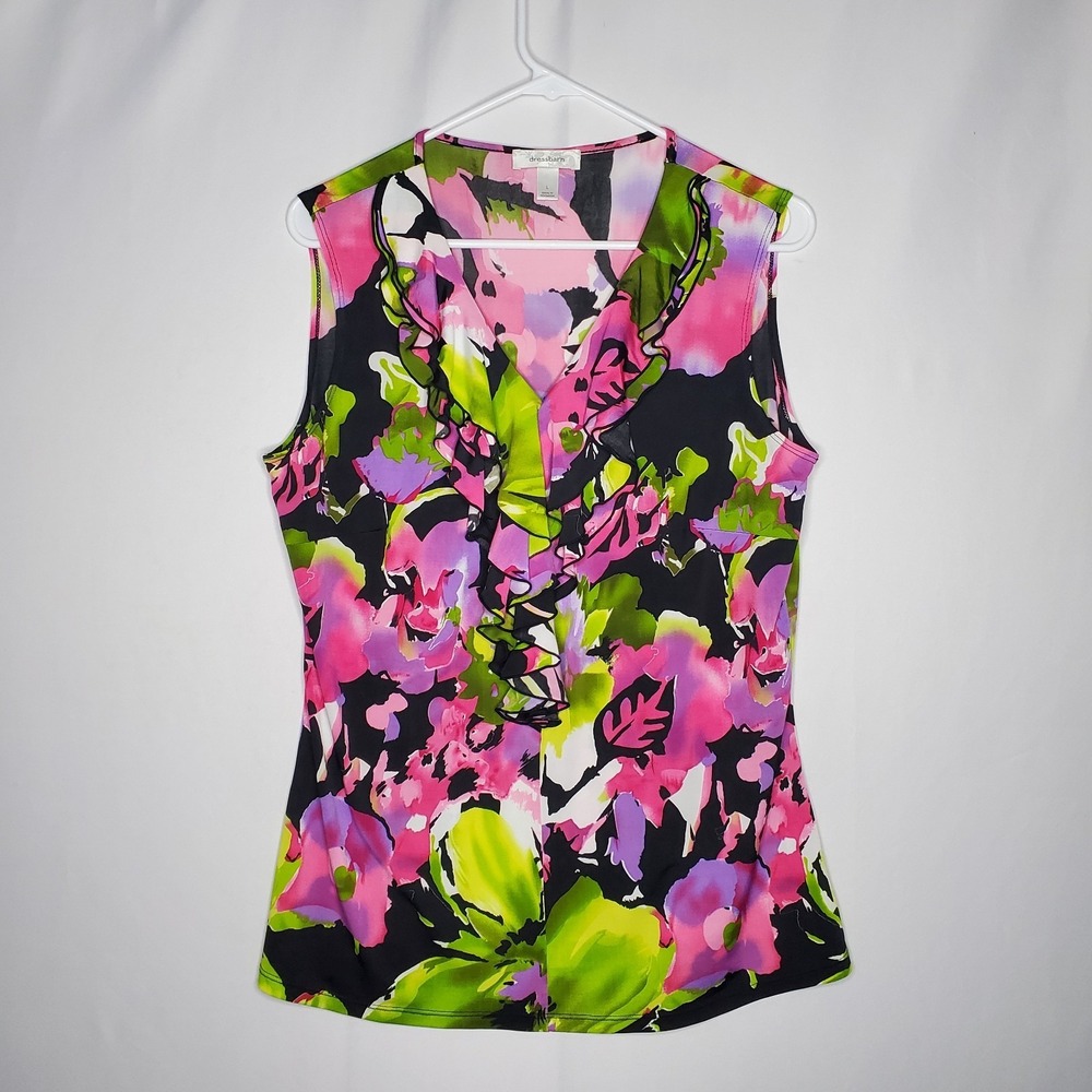 Dressbarn Vtg Ruffle Vneck Tank Top Women Large Dark Floral Feminine Going Y2K